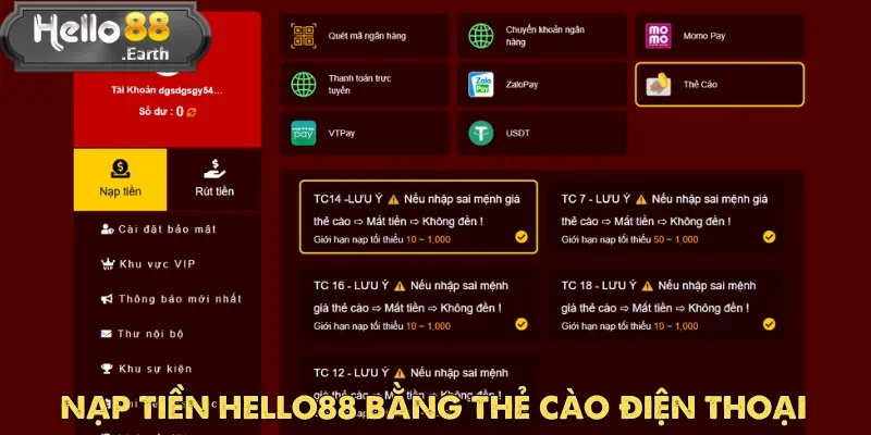 Nạp tiền Hello88 bằng thẻ cào điện thoại là hình thức dễ sử dụng nhất 2025