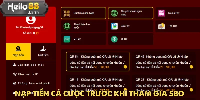 Tiến hành nạp tiền để bắt đầu đặt cược trong sảnh game SBO thể thao